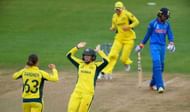 BRISTOL, ENGLAND - JULY 12:  Australia bowler Ashleigh Gardner is congratulated by Alex Blackwell after dismissing India batsman Smrti Mandhana during the  ICC Women's World Cup 2017  match between Australia and India at The County Ground on July 12, 2017 in Bristol, England.  (Photo by Stu Forster/Getty Images)